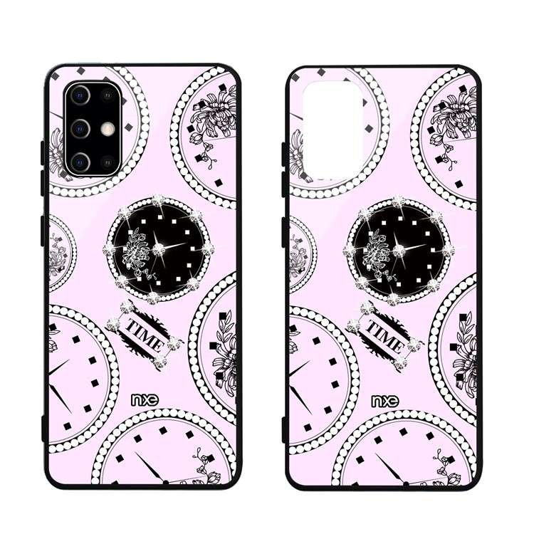 NXE TIME Series Clock Pattern Printing Rhinestone Decor Tempered Glass TPU Hybrid Case for Samsung Galaxy S20 - Pink-1