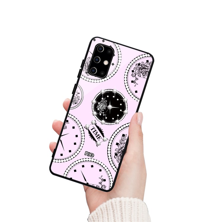 NXE TIME Series Clock Pattern Printing Rhinestone Decor Tempered Glass TPU Hybrid Case for Samsung Galaxy S20 - Pink-2