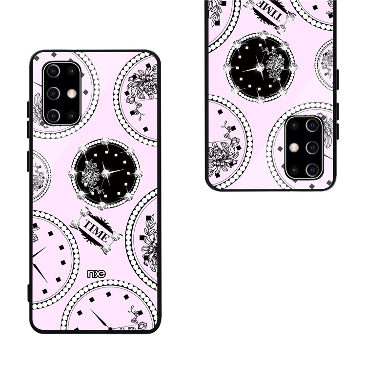 NXE TIME Series Clock Pattern Printing Rhinestone Decor Tempered Glass TPU Hybrid Case for Samsung Galaxy S20 - Pink-3
