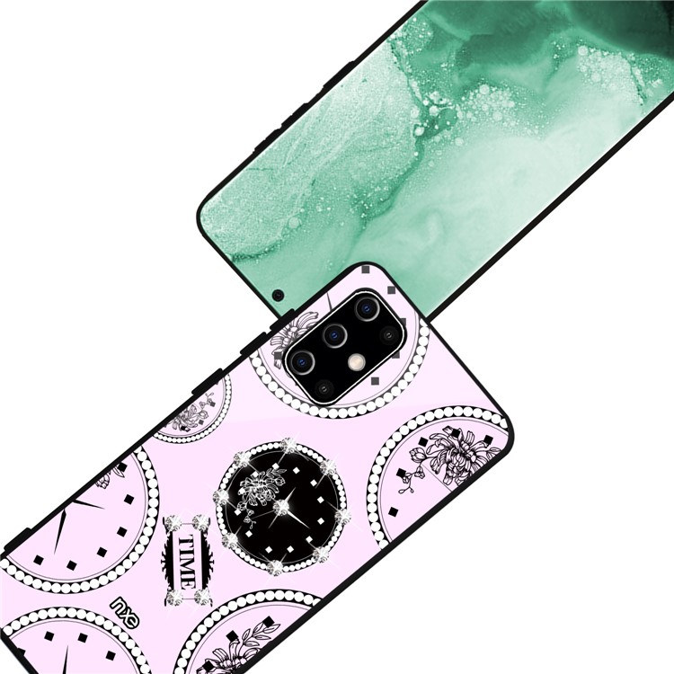NXE TIME Series Clock Pattern Printing Rhinestone Decor Tempered Glass TPU Hybrid Case for Samsung Galaxy S20 - Pink-5