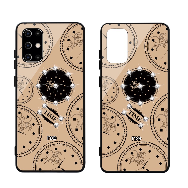 NXE TIME Series Clock Pattern Printing Rhinestone Decor Tempered Glass TPU Hybrid Case for Samsung Galaxy S20 - Khaki-1
