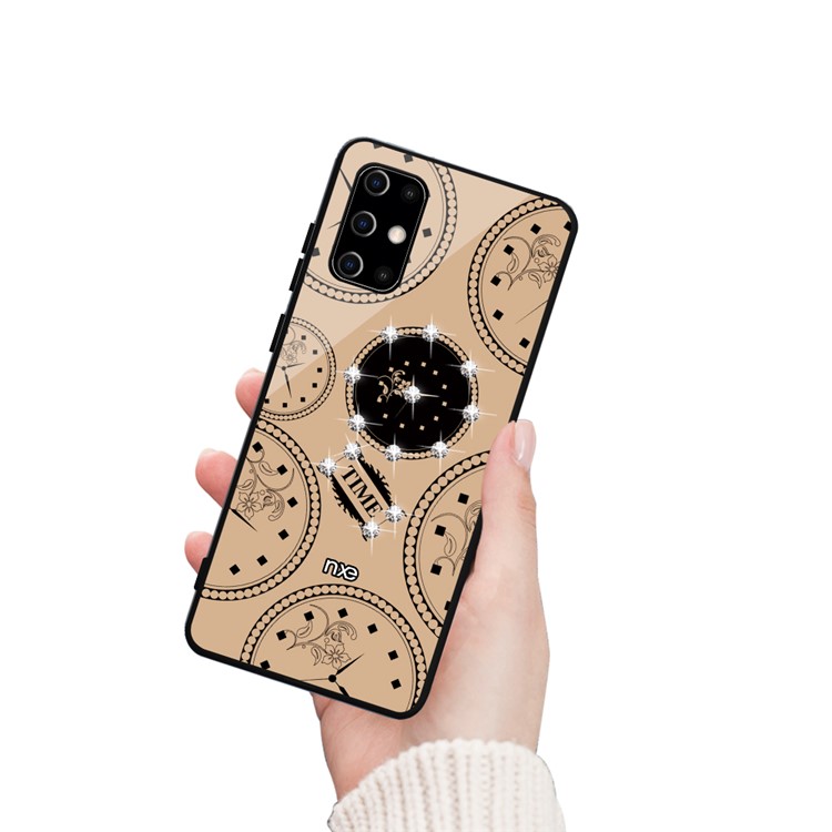 NXE TIME Series Clock Pattern Printing Rhinestone Decor Tempered Glass TPU Hybrid Case for Samsung Galaxy S20 - Khaki-2