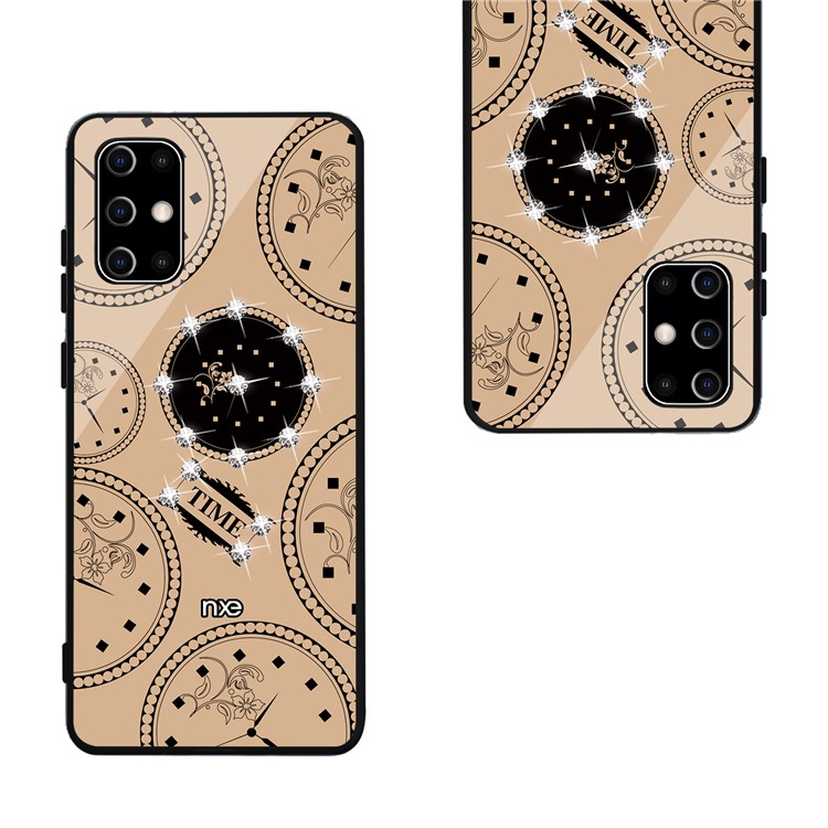 NXE TIME Series Clock Pattern Printing Rhinestone Decor Tempered Glass TPU Hybrid Case for Samsung Galaxy S20 - Khaki-3