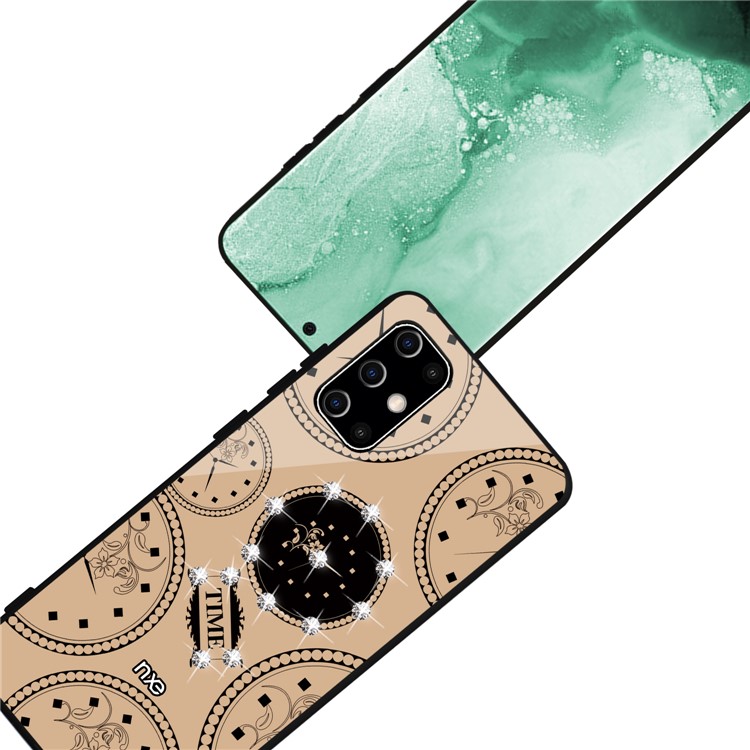 NXE TIME Series Clock Pattern Printing Rhinestone Decor Tempered Glass TPU Hybrid Case for Samsung Galaxy S20 - Khaki-5