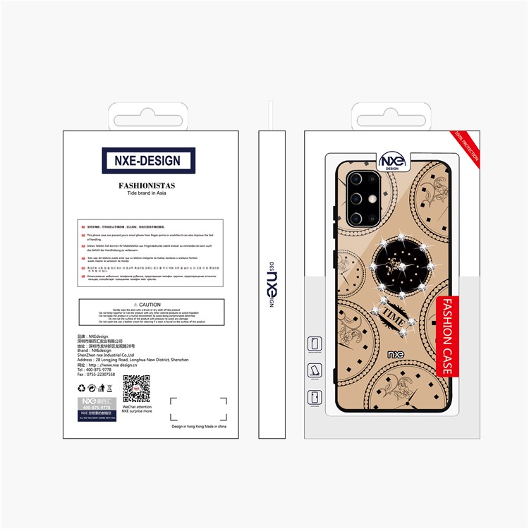 NXE TIME Series Clock Pattern Printing Rhinestone Decor Tempered Glass TPU Hybrid Case for Samsung Galaxy S20 - Khaki-6