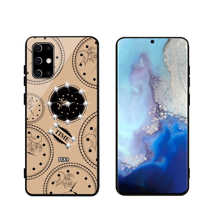 NXE TIME Series Clock Pattern Printing Rhinestone Decor Tempered Glass TPU Combo Case for Samsung Galaxy S20 Ultra - Khaki-4