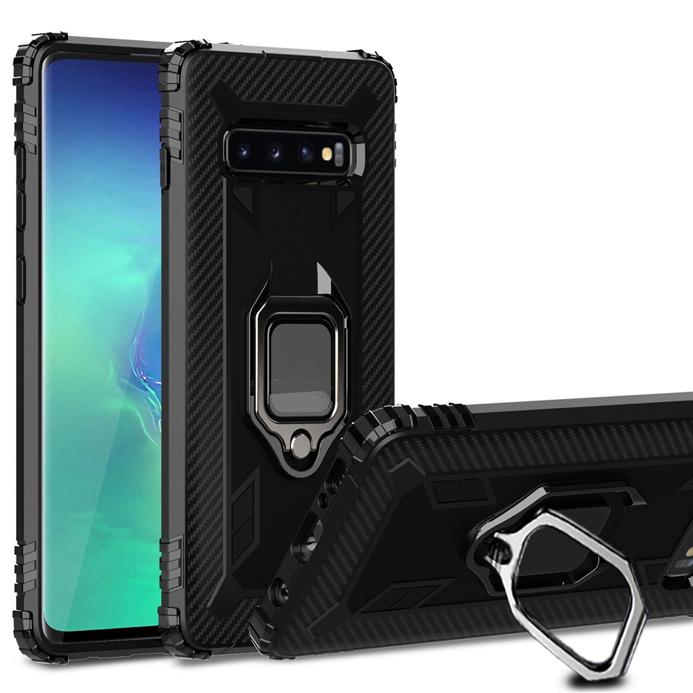 For Samsung Galaxy S10 Plus Finger Ring Kickstand Drop Resistant TPU Phone Casing - Black-1
