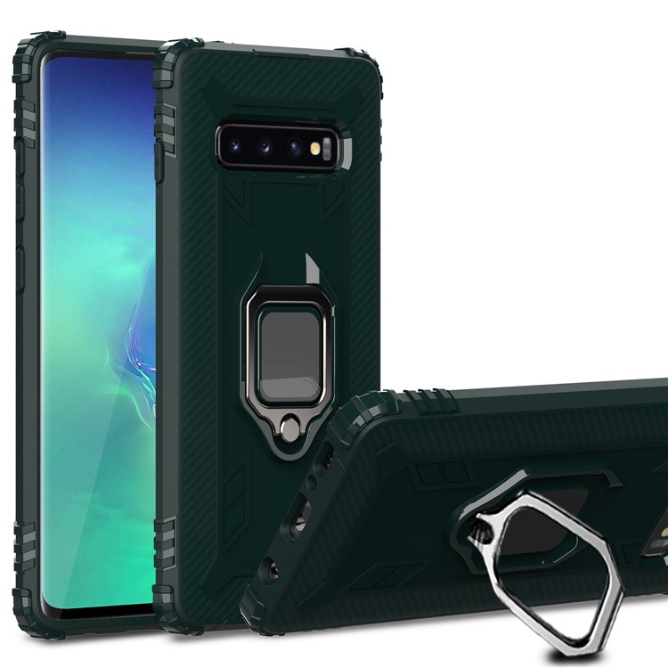 For Samsung Galaxy S10 Plus Finger Ring Kickstand Drop Resistant TPU Phone Casing - Green-1