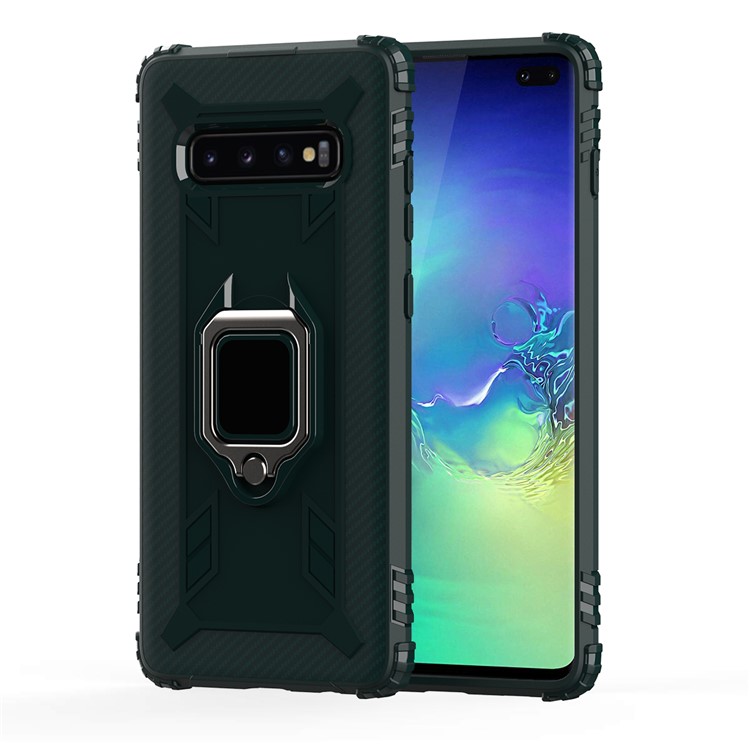 For Samsung Galaxy S10 Plus Finger Ring Kickstand Drop Resistant TPU Phone Casing - Green-2