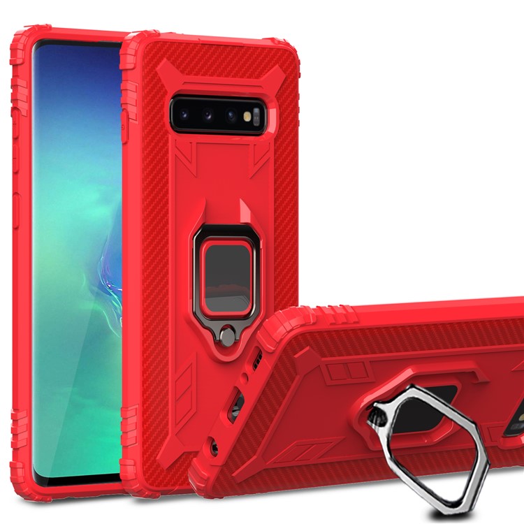 For Samsung Galaxy S10 Plus Finger Ring Kickstand Drop Resistant TPU Phone Casing - Red-1