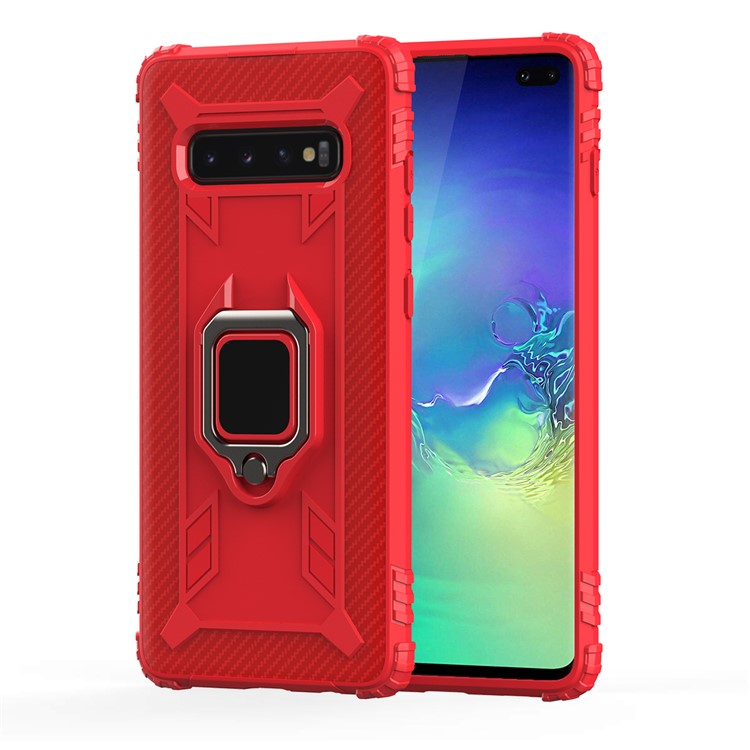 For Samsung Galaxy S10 Plus Finger Ring Kickstand Drop Resistant TPU Phone Casing - Red-2