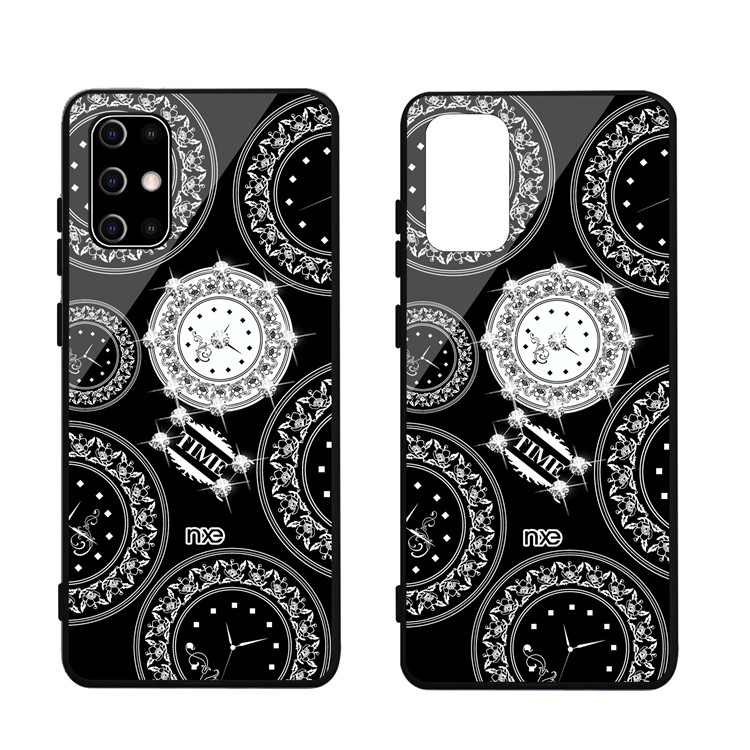 NXE TIME Series Clock Pattern Printing Rhinestone Decor Tempered Glass TPU Back Case for Samsung Galaxy S20 Plus - Black-1