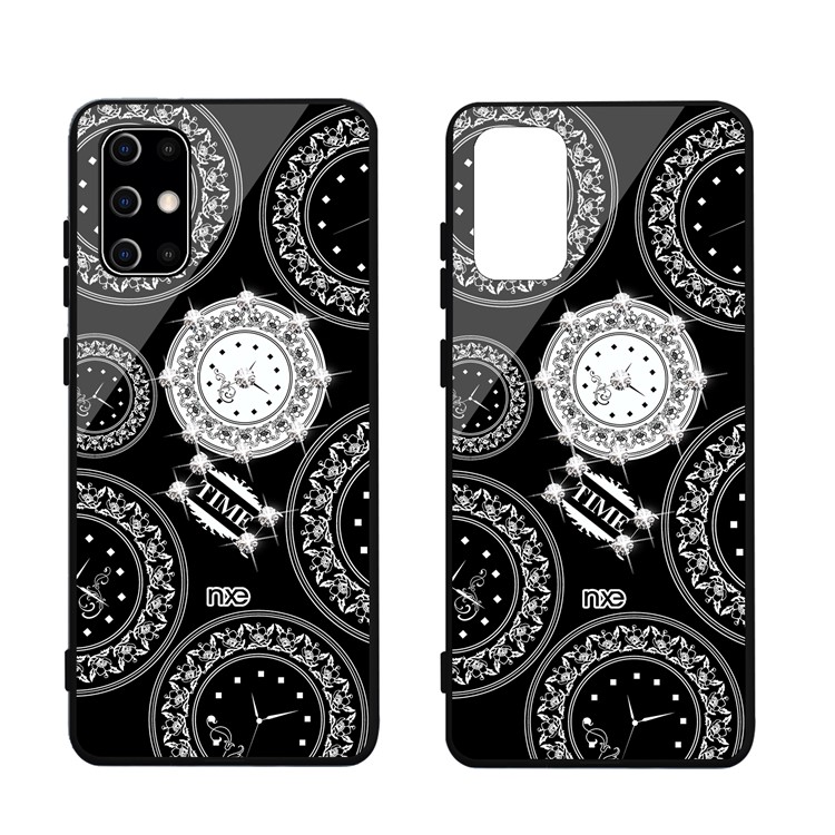 NXE TIME Series Clock Pattern Printing Rhinestone Decor Tempered Glass TPU Back Case for Samsung Galaxy S11 - Black-1