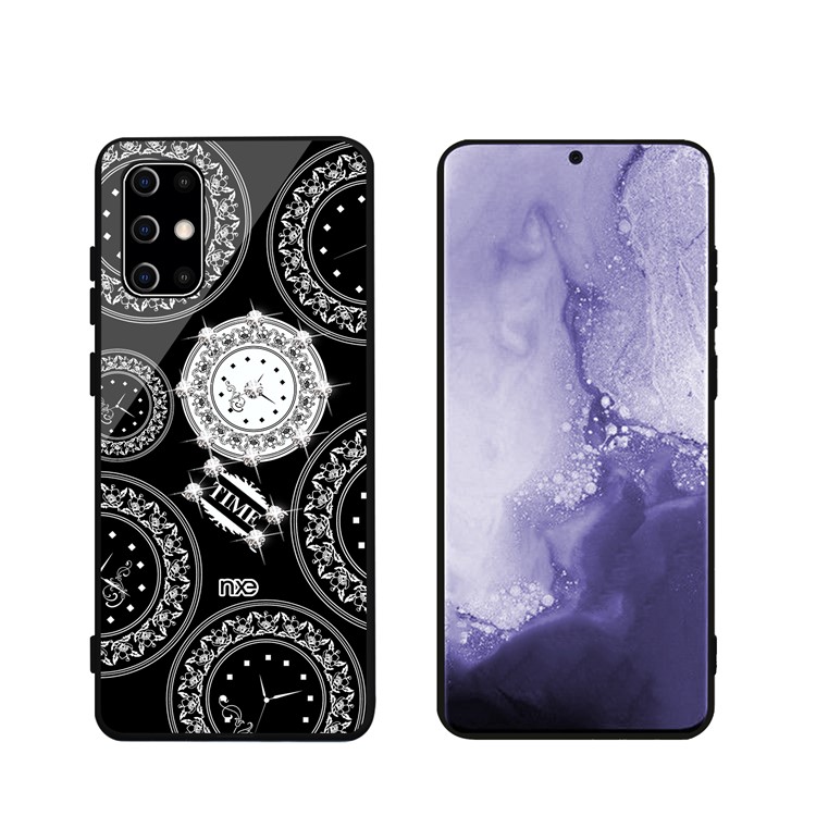 NXE TIME Series Clock Pattern Printing Rhinestone Decor Tempered Glass TPU Back Case for Samsung Galaxy S20 Plus - Black-4