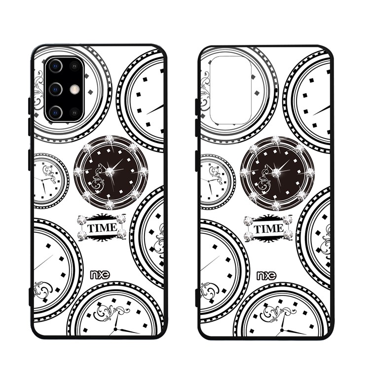 NXE TIME Series Clock Pattern Printing Rhinestone Decor Tempered Glass TPU Back Case for Samsung Galaxy S20 Plus - White-1
