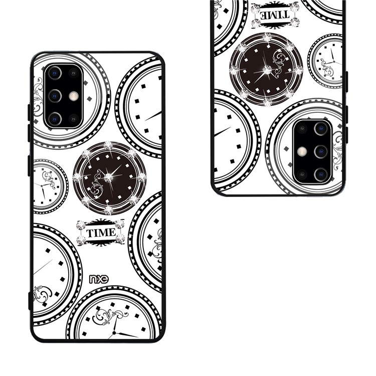 NXE TIME Series Clock Pattern Printing Rhinestone Decor Tempered Glass TPU Back Case for Samsung Galaxy S20 Plus - White-3