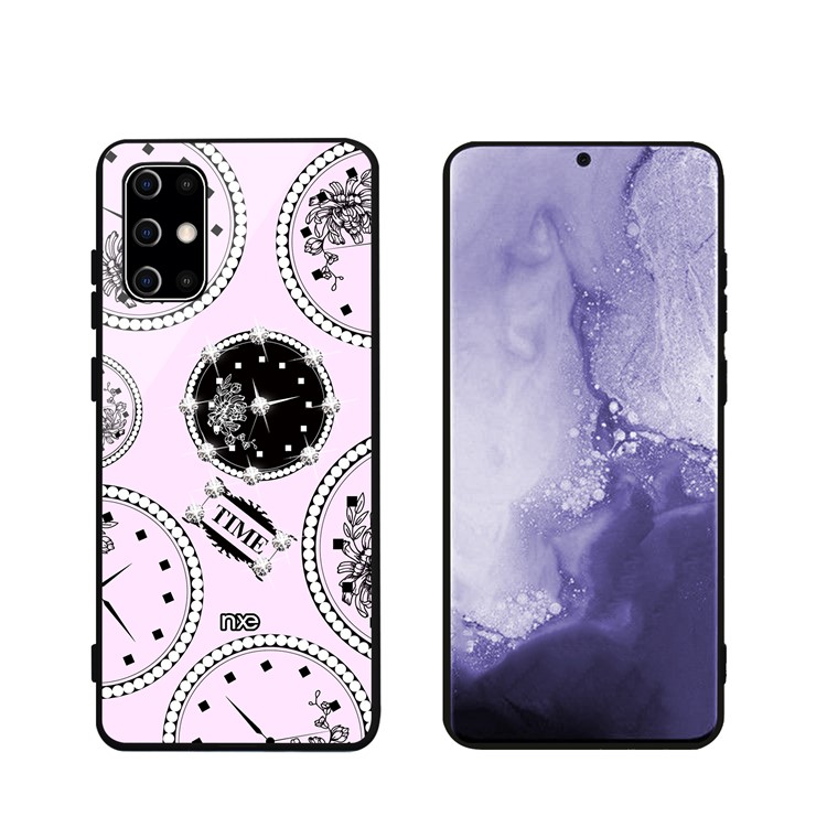 NXE TIME Series Clock Pattern Printing Rhinestone Decor Tempered Glass TPU Back Case for Samsung Galaxy S20 Plus - Pink-4