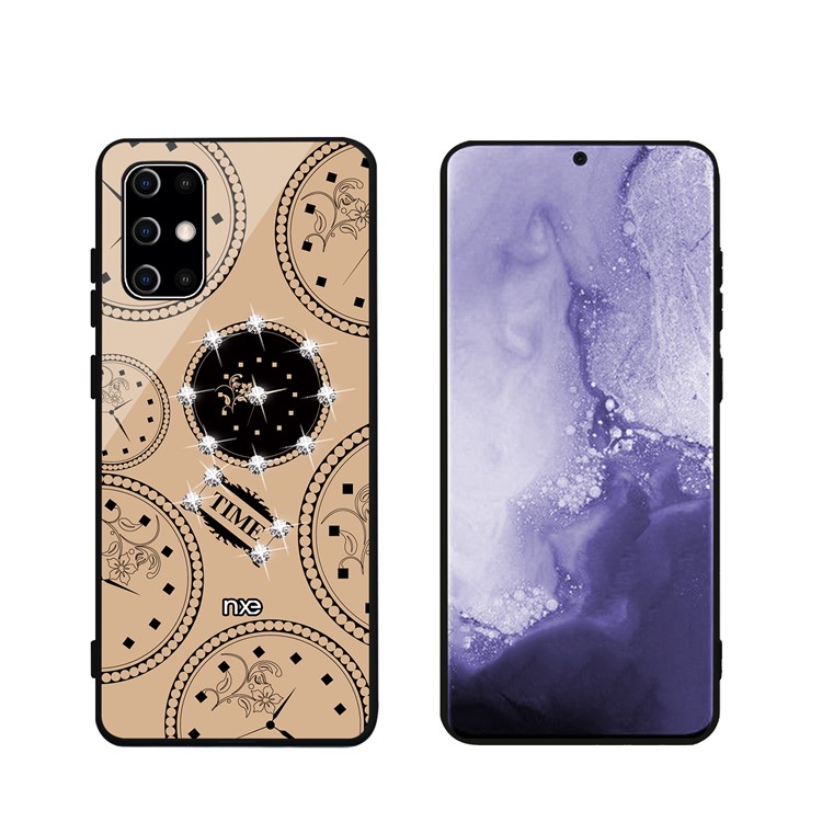 NXE TIME Series Clock Pattern Printing Rhinestone Decor Tempered Glass TPU Back Case for Samsung Galaxy S20 Plus - Khaki-4