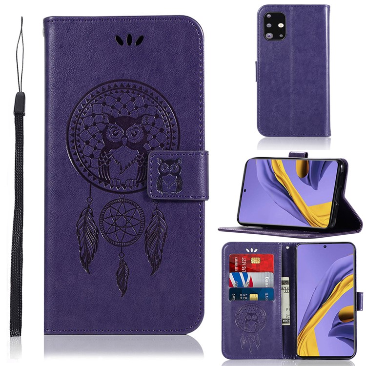 Imprinted Dream Catcher Owl Leather Wallet Case for Samsung Galaxy A51 - Purple-1
