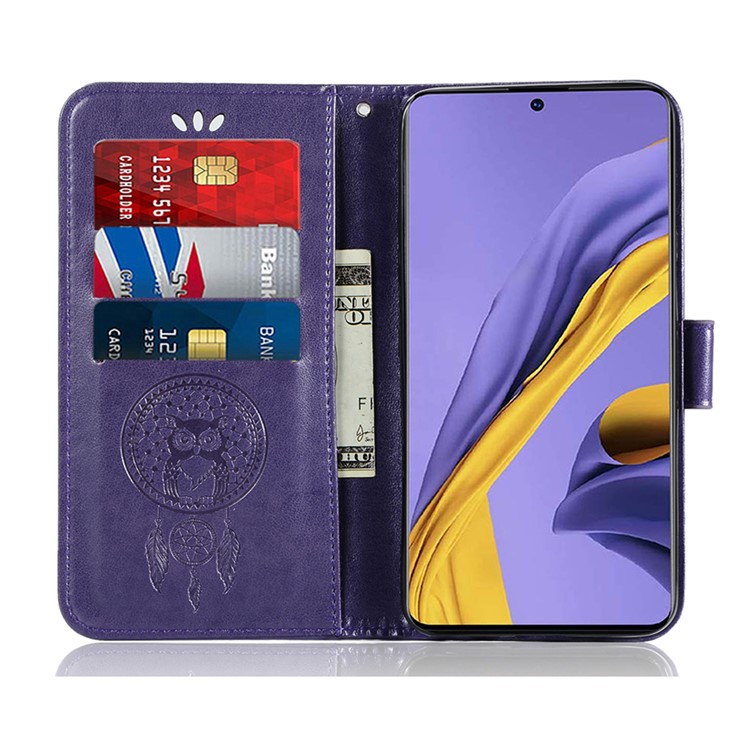 Imprinted Dream Catcher Owl Leather Wallet Case for Samsung Galaxy A51 - Purple-8