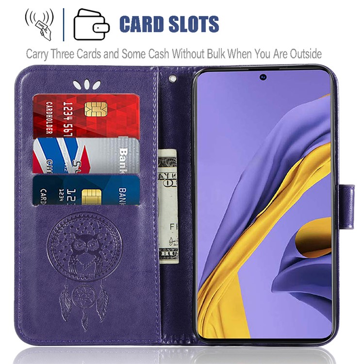 Imprinted Dream Catcher Owl Leather Wallet Case for Samsung Galaxy A51 - Purple-9