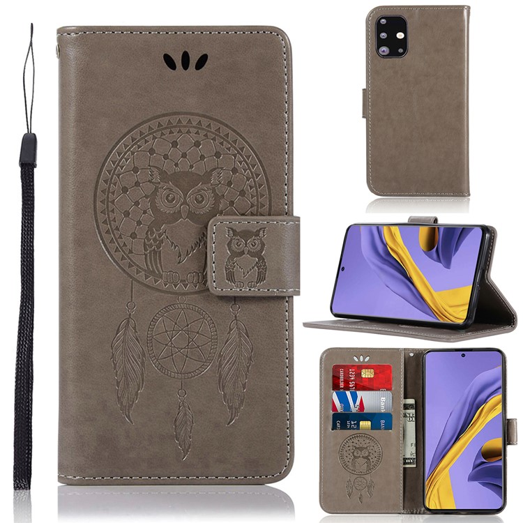 Imprinted Dream Catcher Owl Leather Wallet Case for Samsung Galaxy A51 - Grey-1