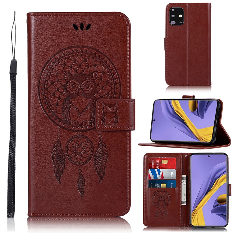 Imprinted Dream Catcher Owl Leather Wallet Case for Samsung Galaxy A51 - Brown-1