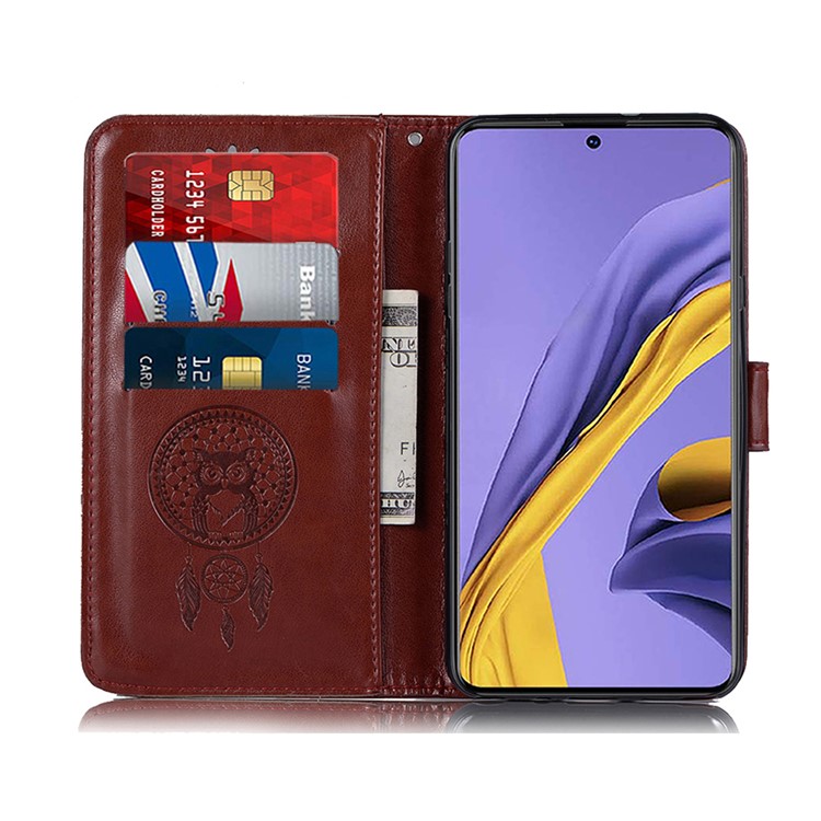 Imprinted Dream Catcher Owl Leather Wallet Case for Samsung Galaxy A51 - Brown-5