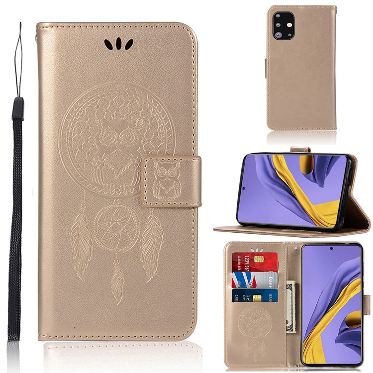 Imprinted Dream Catcher Owl Leather Wallet Case for Samsung Galaxy A51 - Gold-1