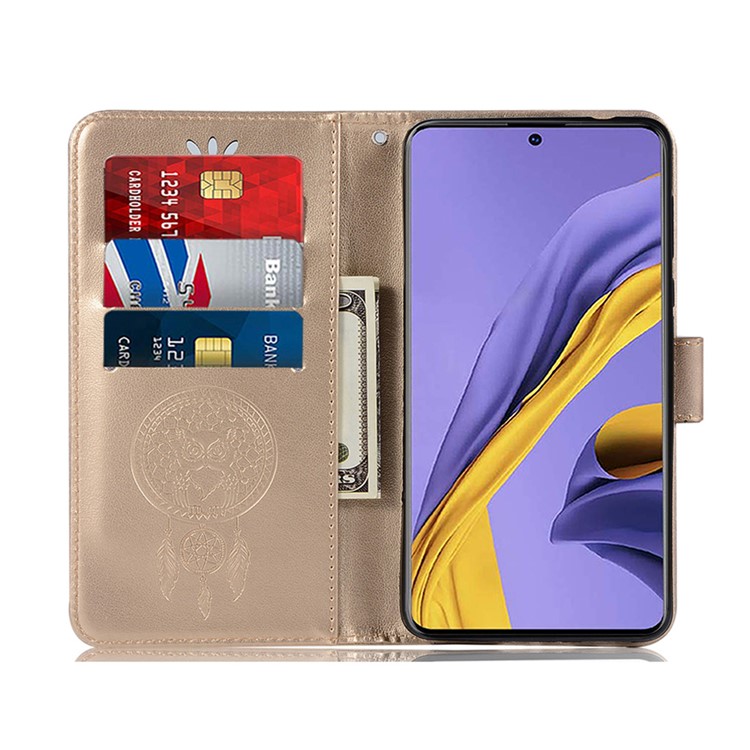 Imprinted Dream Catcher Owl Leather Wallet Case for Samsung Galaxy A51 - Gold-17