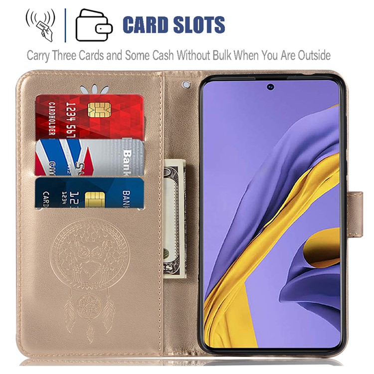 Imprinted Dream Catcher Owl Leather Wallet Case for Samsung Galaxy A51 - Gold-18