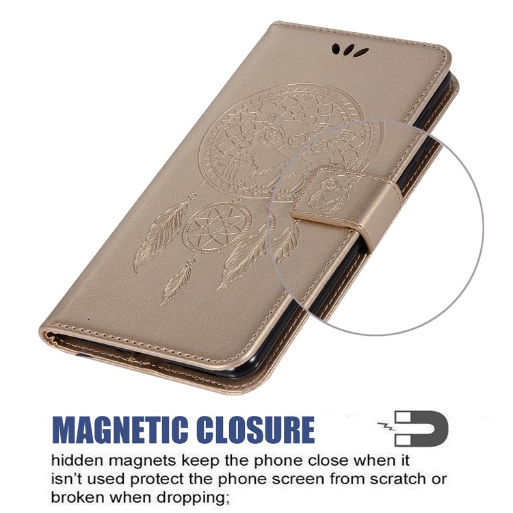 Imprinted Dream Catcher Owl Leather Wallet Case for Samsung Galaxy A51 - Gold-5
