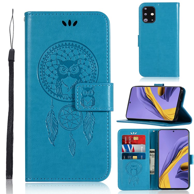 Imprinted Dream Catcher Owl Leather Wallet Case for Samsung Galaxy A51 - Blue-1