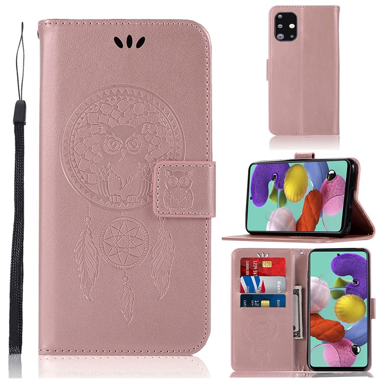Imprinted Dream Catcher Owl Leather Wallet Stand Case for Samsung Galaxy A71 - Rose Gold-1