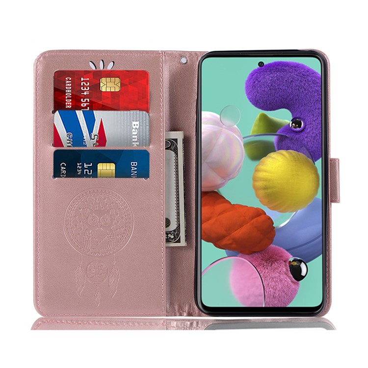 Imprinted Dream Catcher Owl Leather Wallet Stand Case for Samsung Galaxy A71 - Rose Gold-7