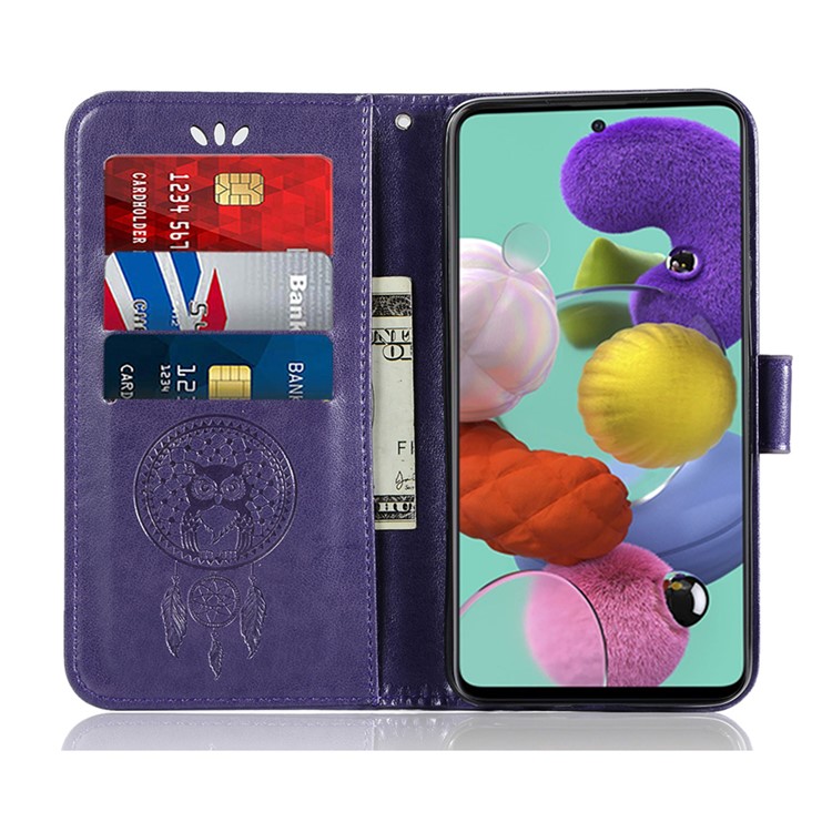 Imprinted Dream Catcher Owl Leather Wallet Stand Case for Samsung Galaxy A71 - Purple-8
