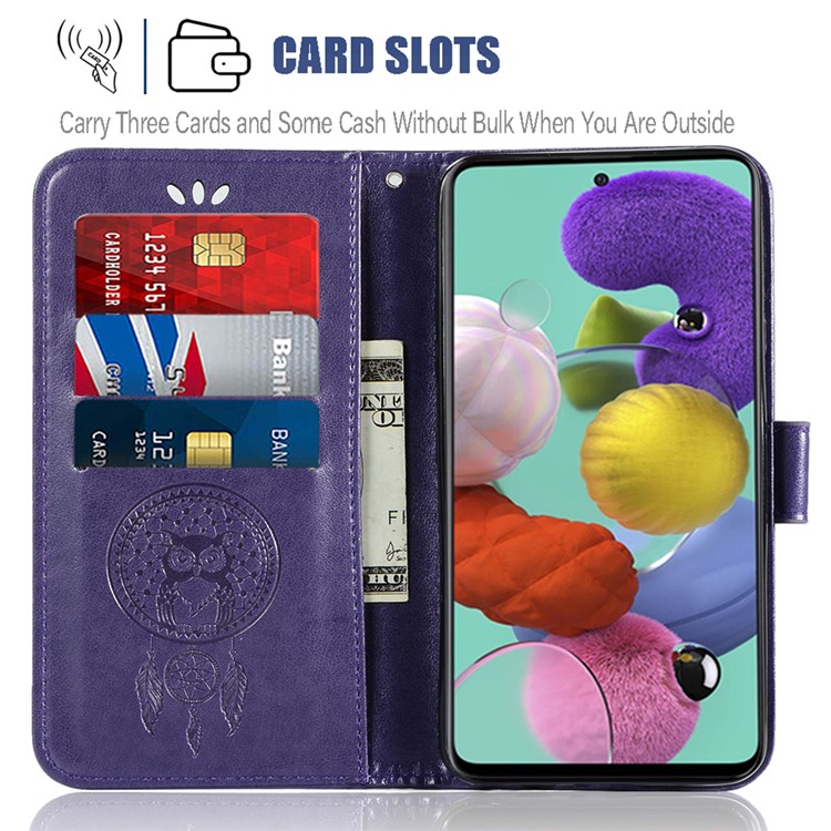 Imprinted Dream Catcher Owl Leather Wallet Stand Case for Samsung Galaxy A71 - Purple-9