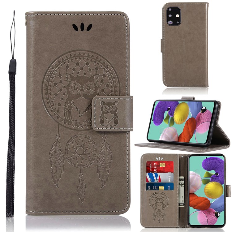 Imprinted Dream Catcher Owl Leather Wallet Stand Case for Samsung Galaxy A71 - Grey-1