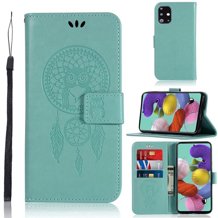 Imprinted Dream Catcher Owl Leather Wallet Stand Case for Samsung Galaxy A71 - Green-1