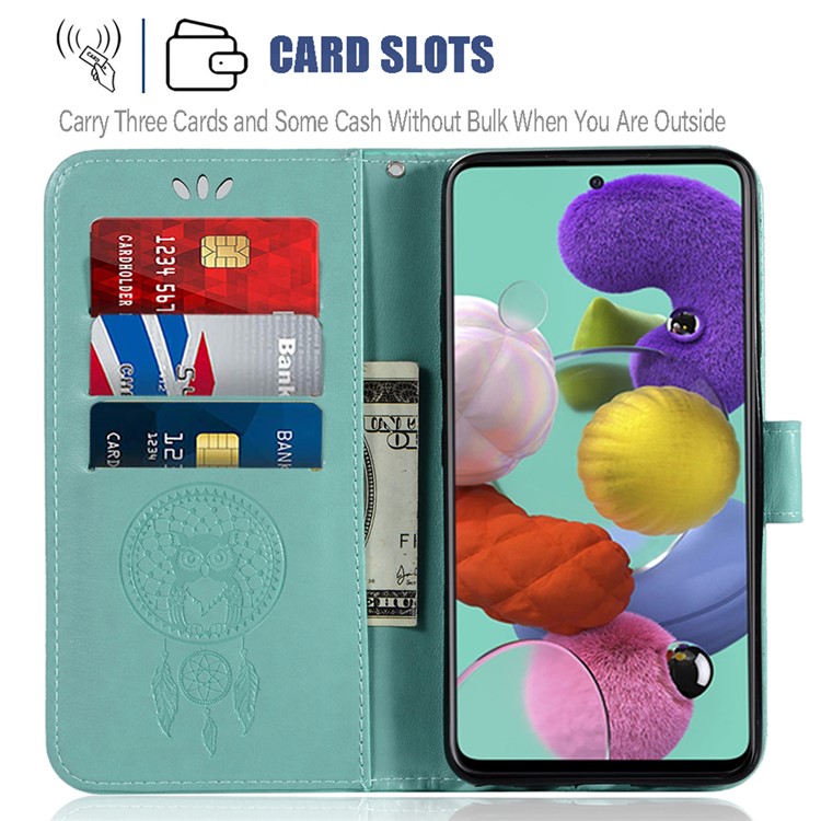 Imprinted Dream Catcher Owl Leather Wallet Stand Case for Samsung Galaxy A71 - Green-9