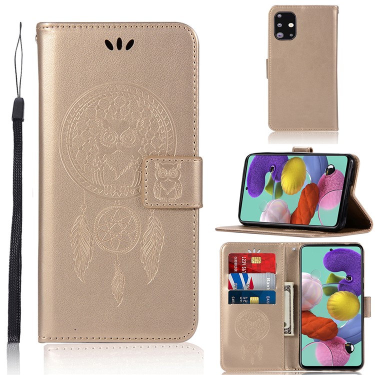 Imprinted Dream Catcher Owl Leather Wallet Stand Case for Samsung Galaxy A71 - Gold-1