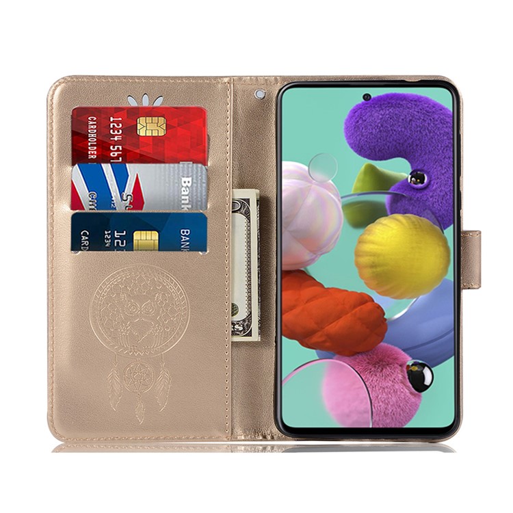 Imprinted Dream Catcher Owl Leather Wallet Stand Case for Samsung Galaxy A71 - Gold-8
