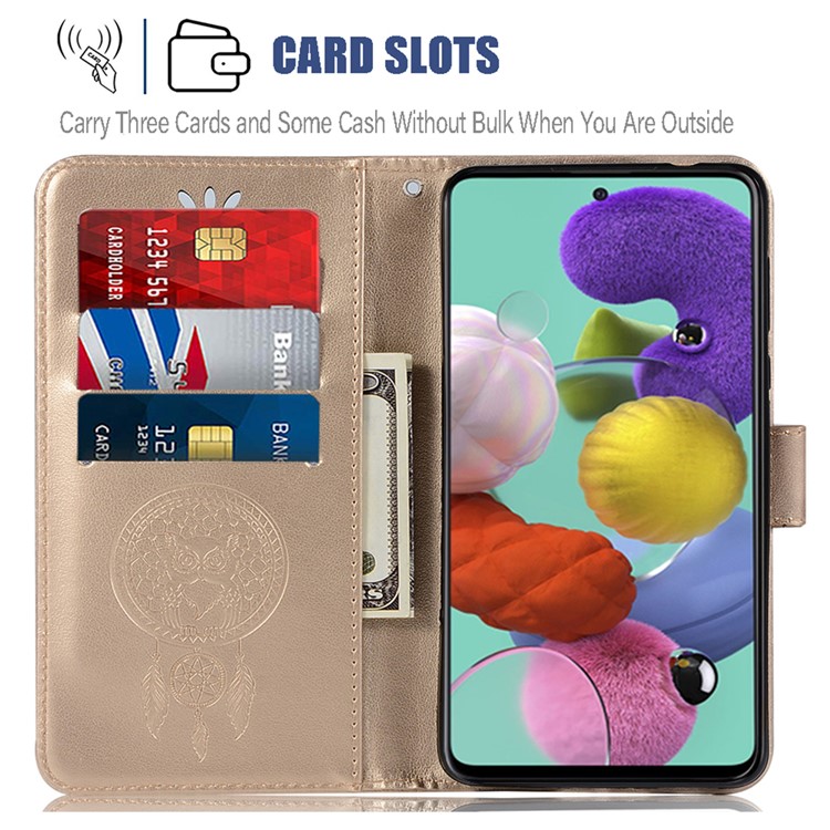 Imprinted Dream Catcher Owl Leather Wallet Stand Case for Samsung Galaxy A71 - Gold-9