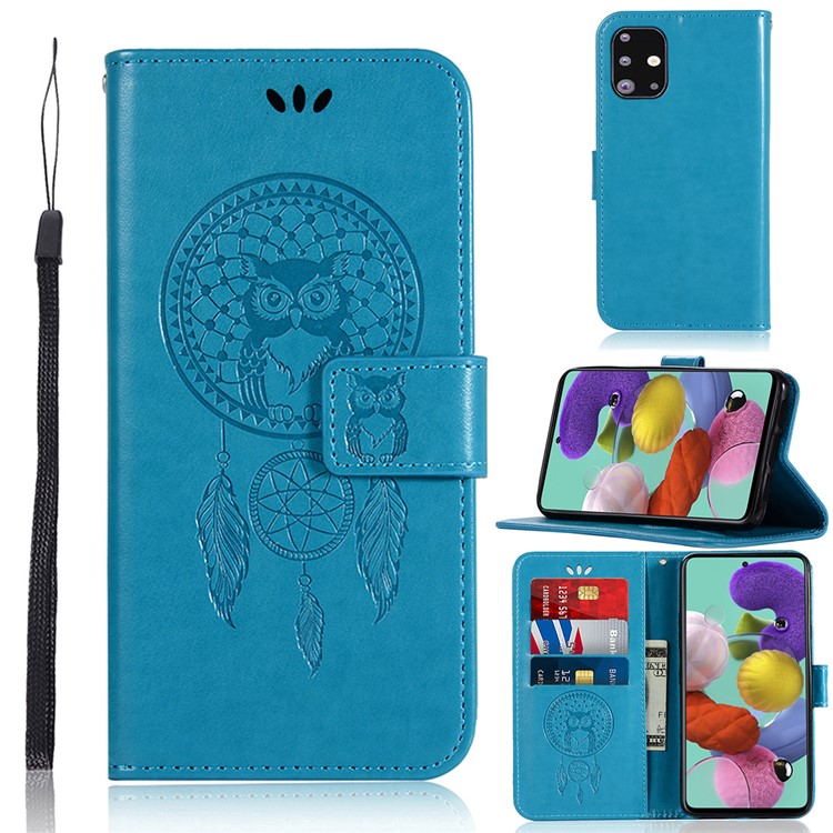 Imprinted Dream Catcher Owl Leather Wallet Stand Case for Samsung Galaxy A71 - Blue-1