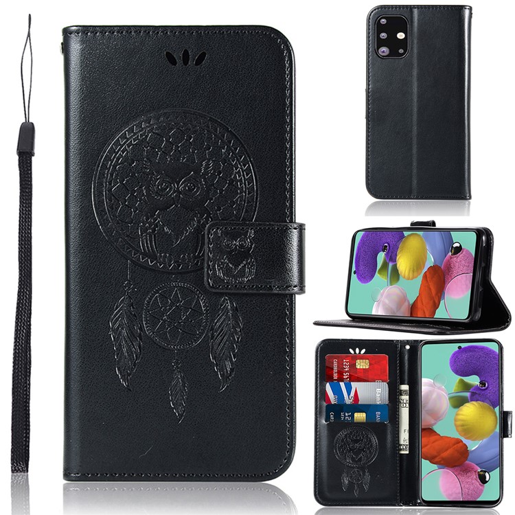 Imprinted Dream Catcher Owl Leather Wallet Stand Case for Samsung Galaxy A71 - Black-1