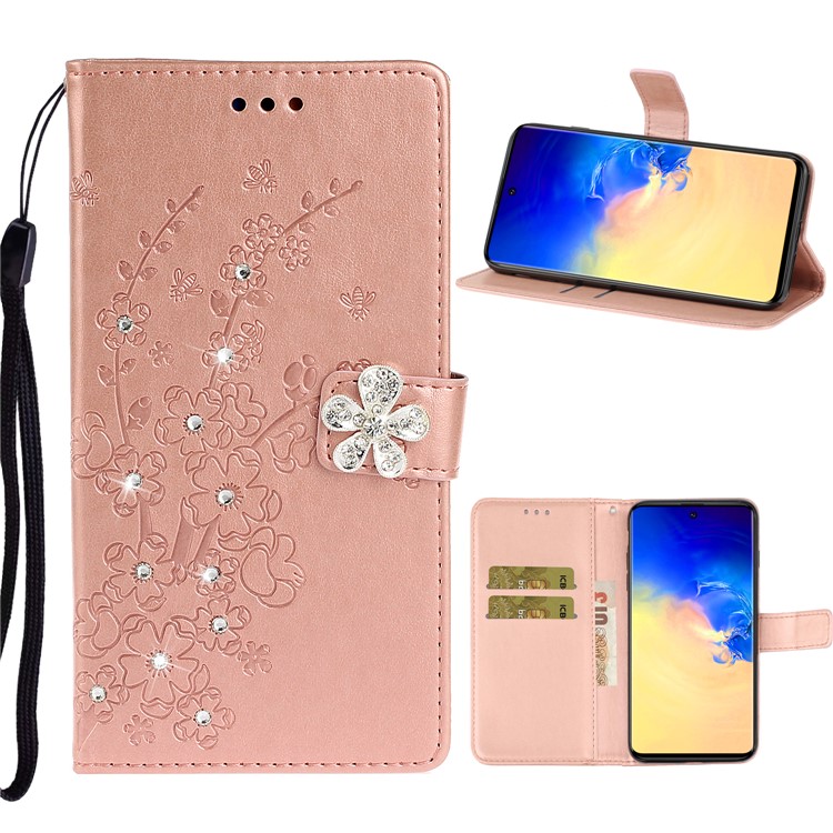 Rhinestone Decor Imprint Plum Blossom Leather Wallet Casing for Samsung Galaxy A71 - Rose Gold-1