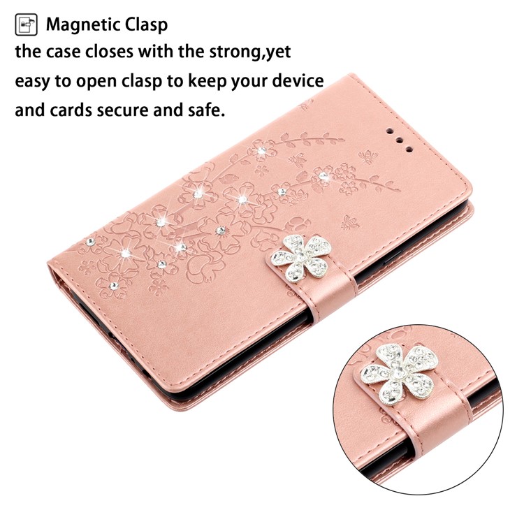 Rhinestone Decor Imprint Plum Blossom Leather Wallet Casing for Samsung Galaxy A71 - Rose Gold-5