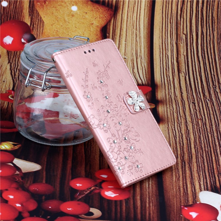 Rhinestone Decor Imprint Plum Blossom Leather Wallet Casing for Samsung Galaxy A71 - Rose Gold-8