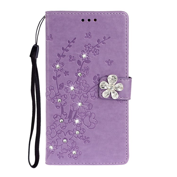 Rhinestone Decor Imprint Plum Blossom Leather Wallet Casing for Samsung Galaxy A71 - Purple-1