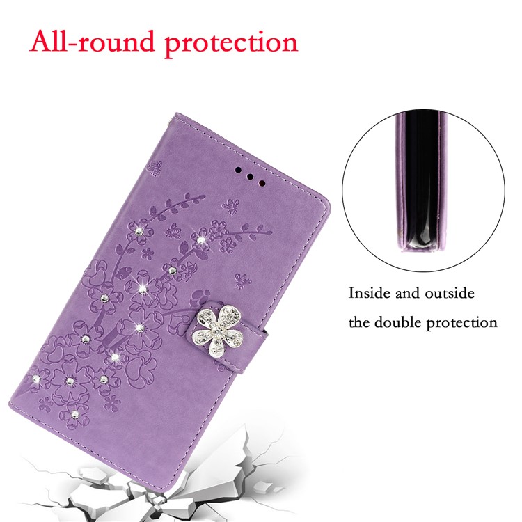 Rhinestone Decor Imprint Plum Blossom Leather Wallet Casing for Samsung Galaxy A71 - Purple-5